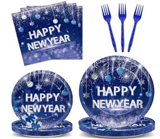 100pcs Happy New Year Party Tableware Set Disposable Paper Decorations Supplies Including Dinner Dessert Plates and Napkins, Forks for New Year's Eve Party Celebration Decor Serve 25